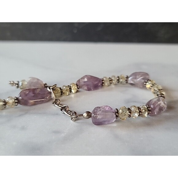 925 Sterling Silver Amethyst And Tourmaline Adjustable Beaded Bracelet Vintage - Picture 5 of 10